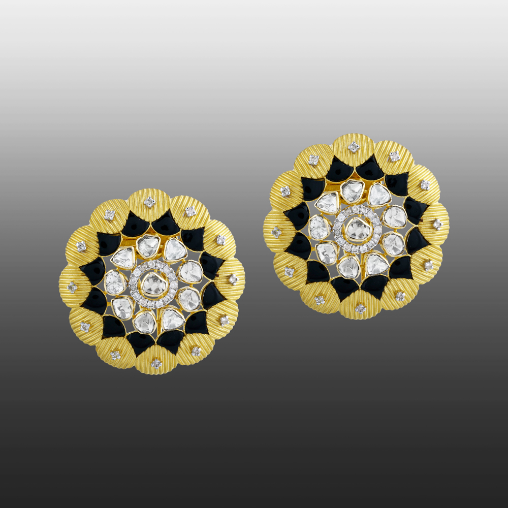 Floral-Inspired Earrings with Uncut Diamonds and Black Enamel
